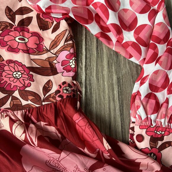 Dalia MacPhee Collared Shirt Dress Womens Red Pink Geo Floral missing Belt #148 - Picture 5 of 15